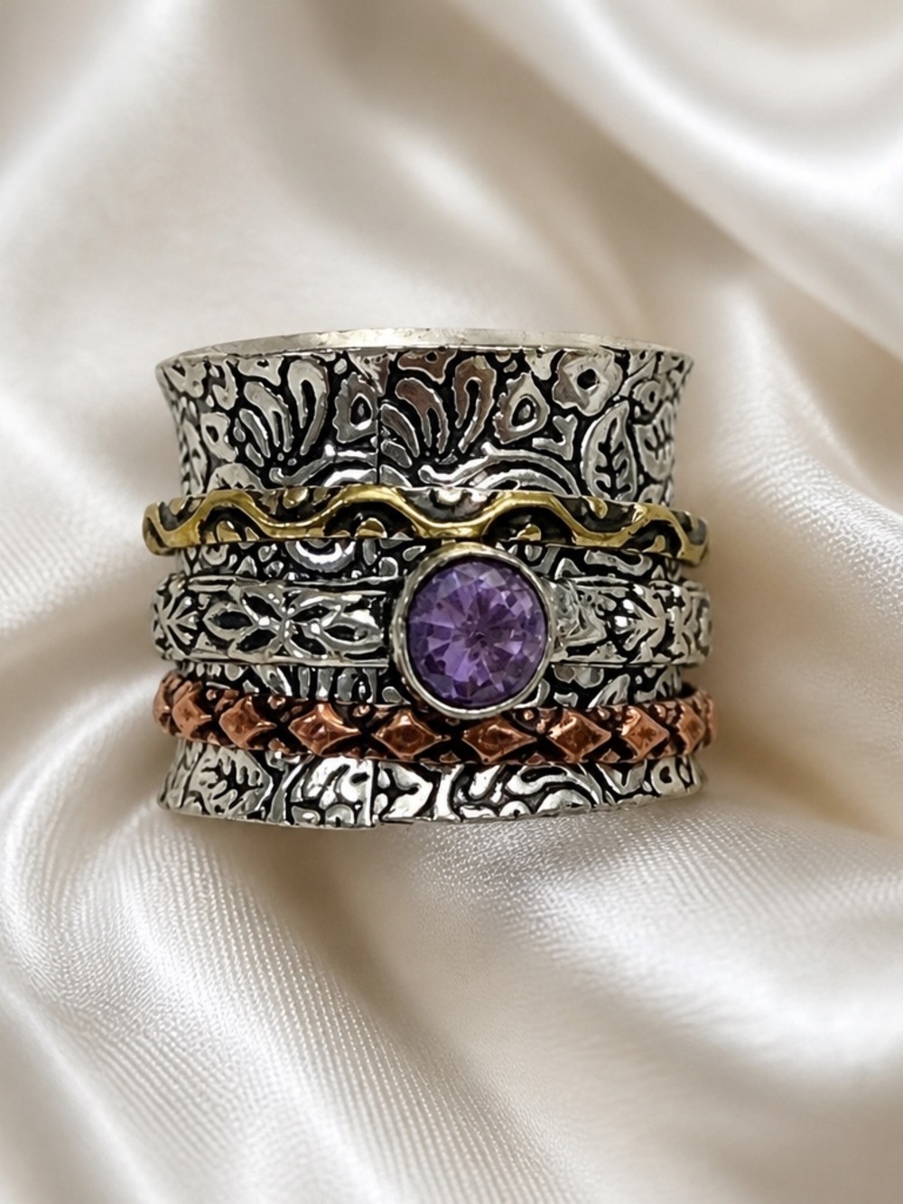 Sz 8 Boho  Silver Spinner Ring with Amethyst Stone and Mixed Metal Accents